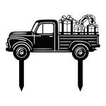 A laser-cut aluminum wall art piece depicting a vintage truck carrying wrapped presents. The truck features detailed wheels and cabin, with gifts stacked in the back. The raw metal finish gives it a rustic appearance, suitable for festive decorations.